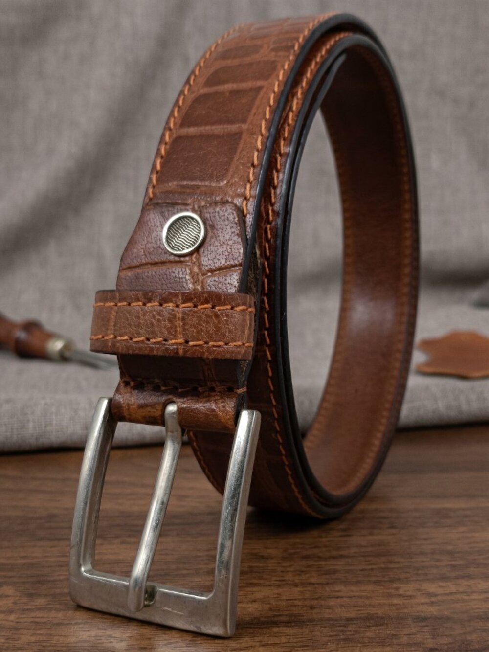 Crocodile Embossed Leather Belt for Men, Premium Luxury Style Tan Belt